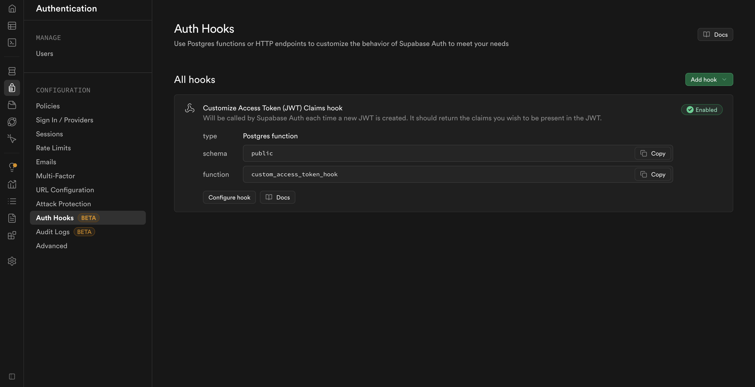 Auth Hooks - Verify Customize Access Token (JWT) Claims Hook