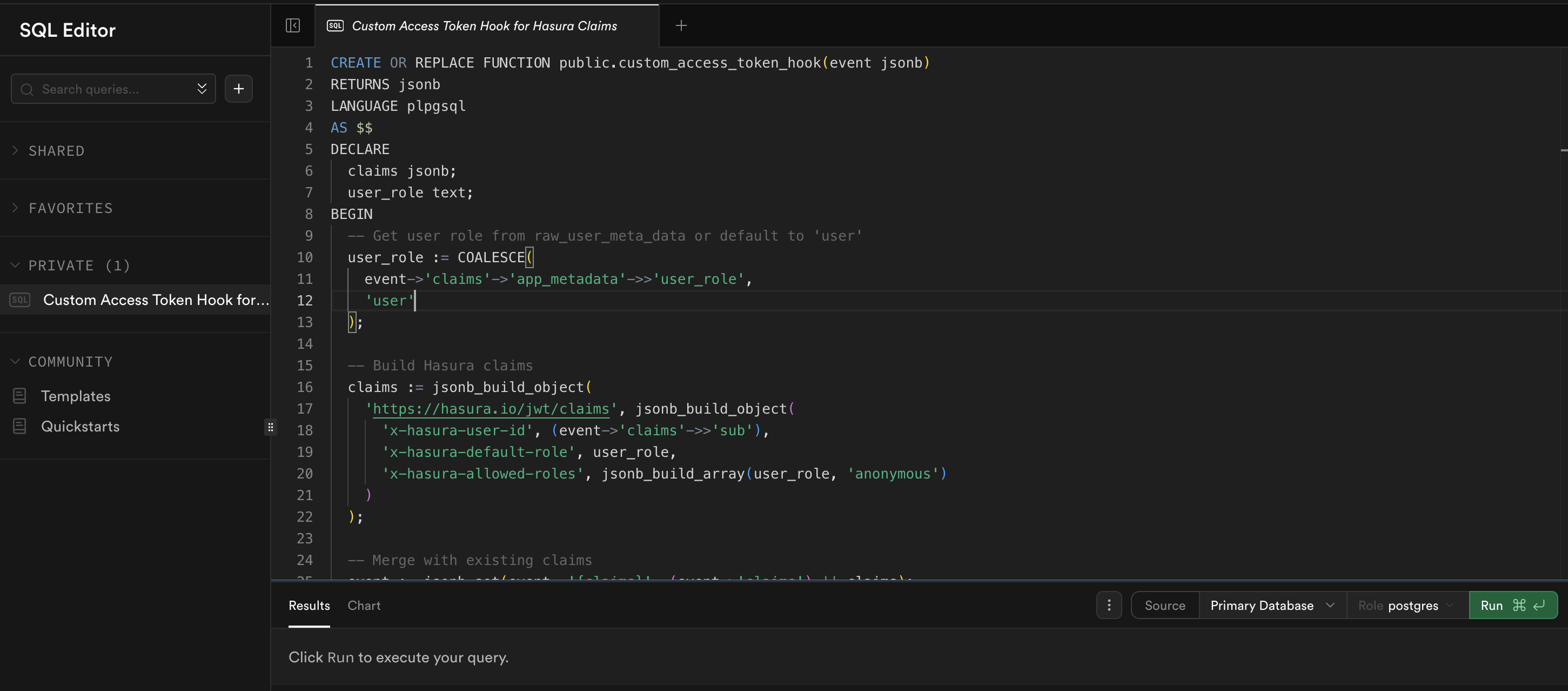 SQL Editor - Customize Access Token (JWT) Claims Hook