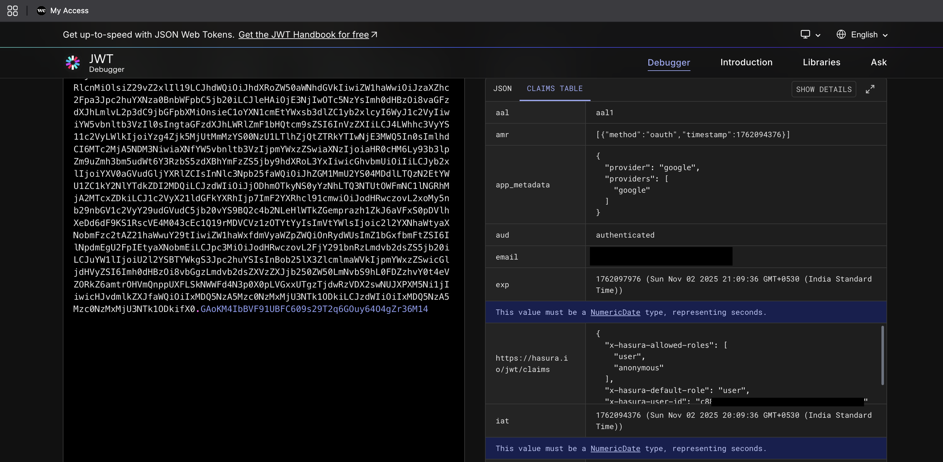 Decoded JWT with Hasura Claims